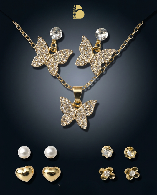 Boraa's Elegant Butterfly Jewellery Combo Set – Pendant Necklace with Multiple Stud Earrings
