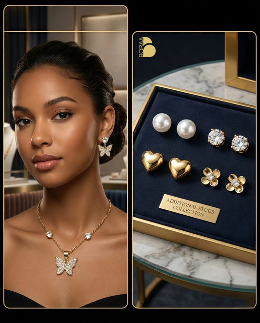 Boraa's Elegant Butterfly Jewellery Combo Set – Pendant Necklace with Multiple Stud Earrings